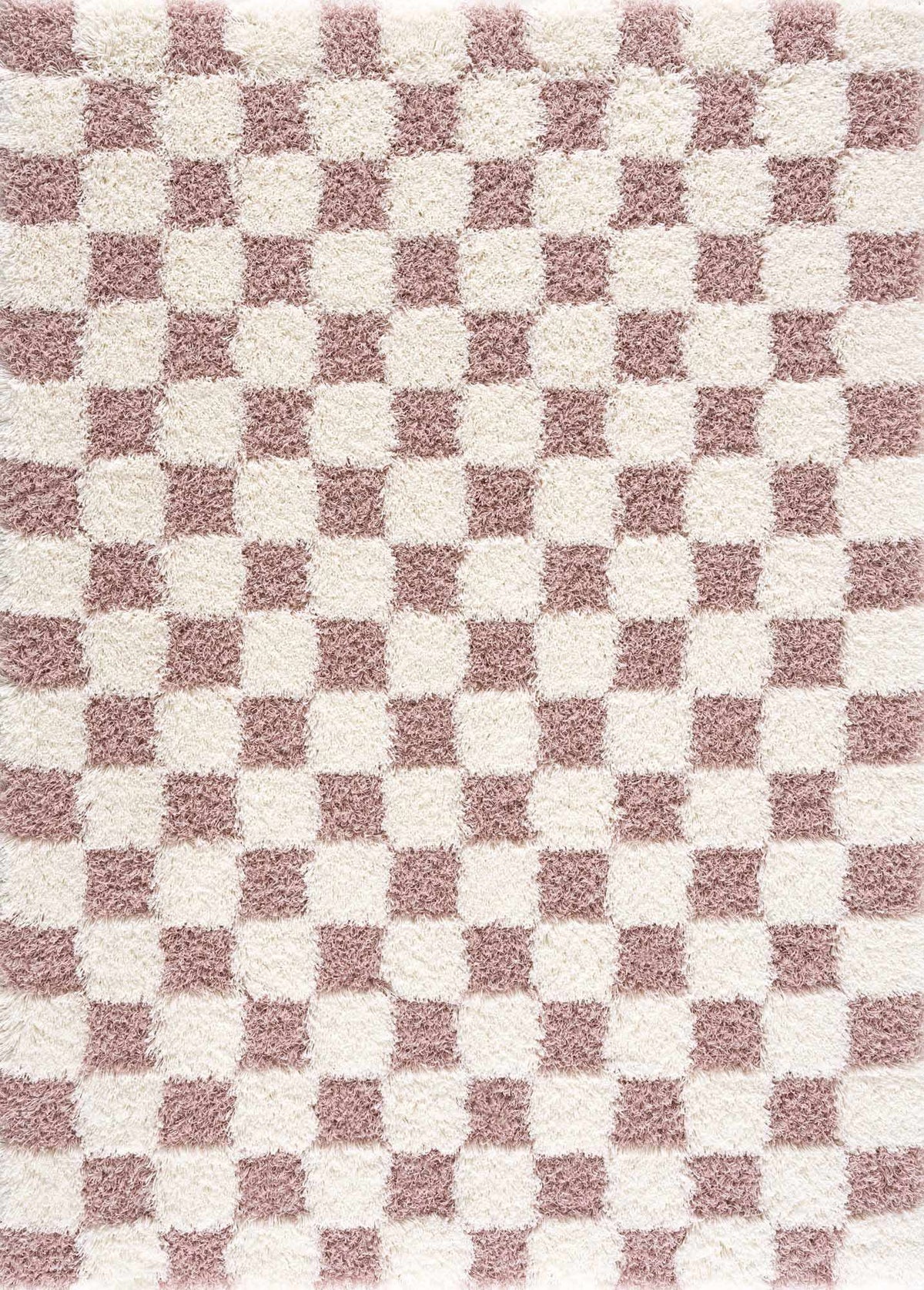 Pink checkered shag rug from Boutique Rugs, featuring a soft, textured design with a cozy, stylish appearance.