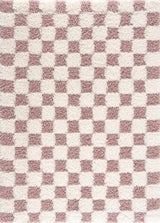 Pink checkered shag rug from Boutique Rugs, featuring a soft, textured design with a cozy, stylish appearance.