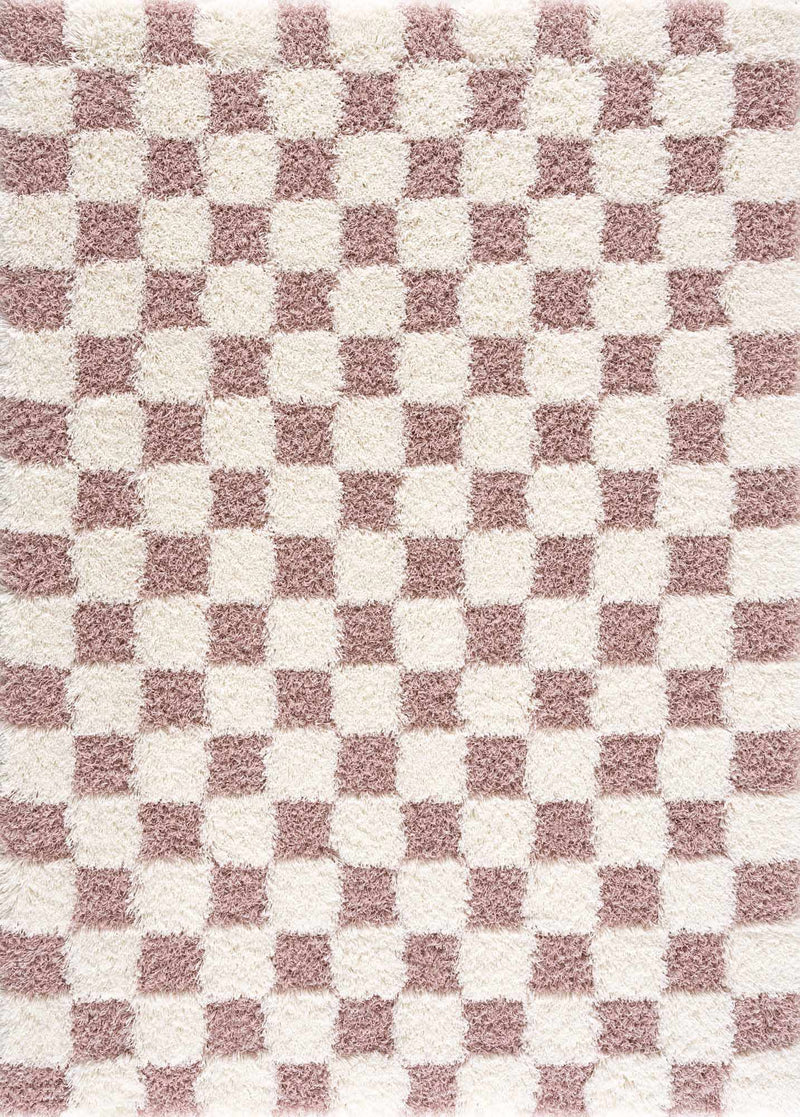 Pink checkered shag rug from Boutique Rugs, featuring a soft, textured design with a cozy, stylish appearance.