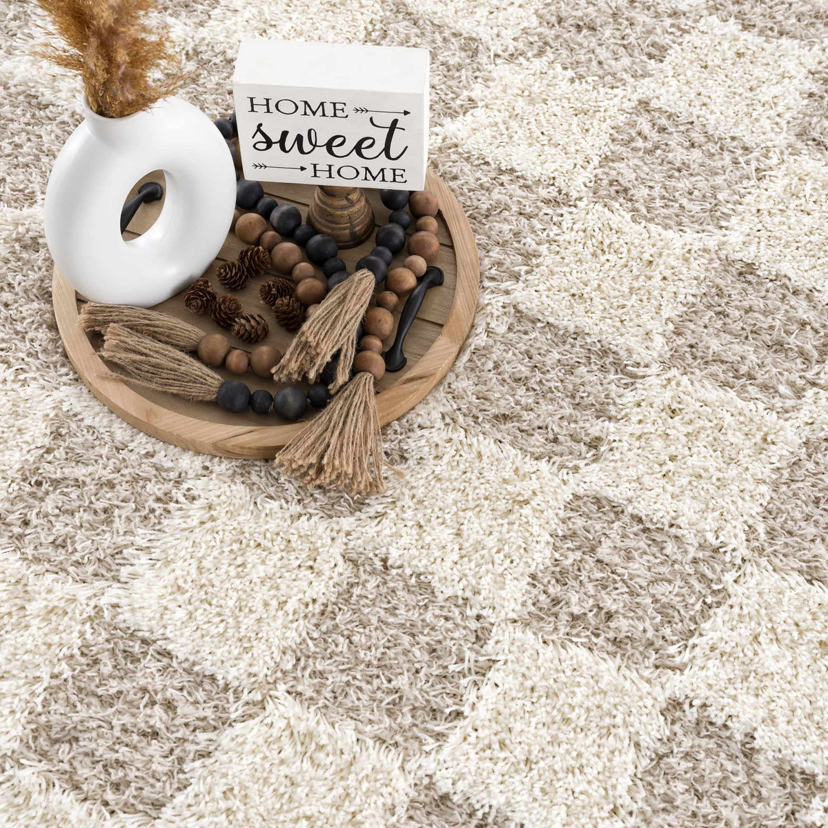 Light brown checkered area rug by Boutique Rugs, featuring a stylish pattern and soft texture, ideal for living room decor.