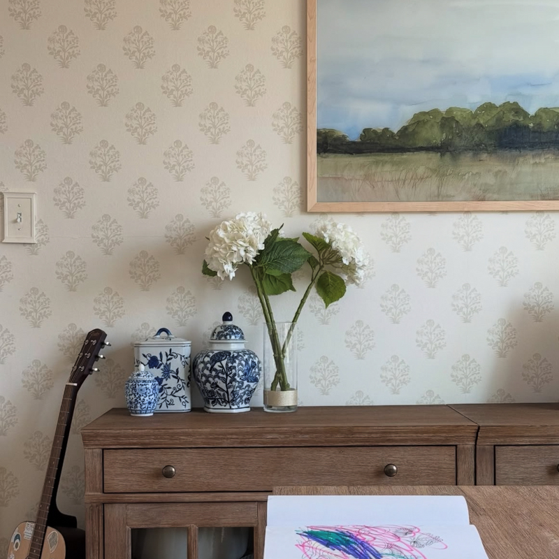 White Afton Block Print wallpaper by North and Finch featuring intricate block print design on smooth wallpaper surface.