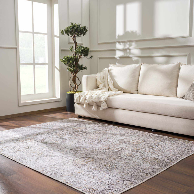 Boutique Rugs washable Parkerfield area rug in a cozy living room setting, featuring a stylish geometric pattern and soft texture.