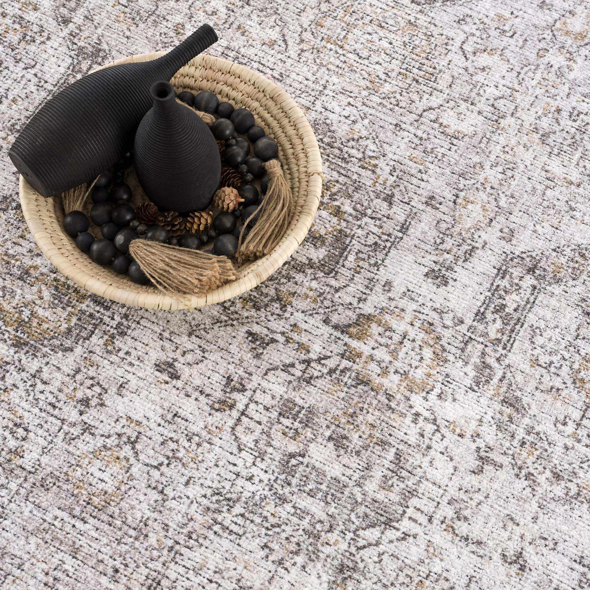 Boutique Rugs washable Parkerfield area rug in neutral tones, featuring a modern geometric pattern, styled in a contemporary room setting.