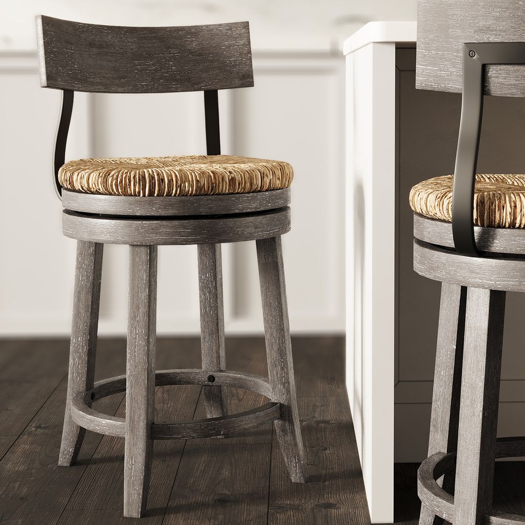 Gray Eden Stool with seagrass seat by Carolina Barstool, showcasing a stylish, modern furniture piece with natural woven detail.