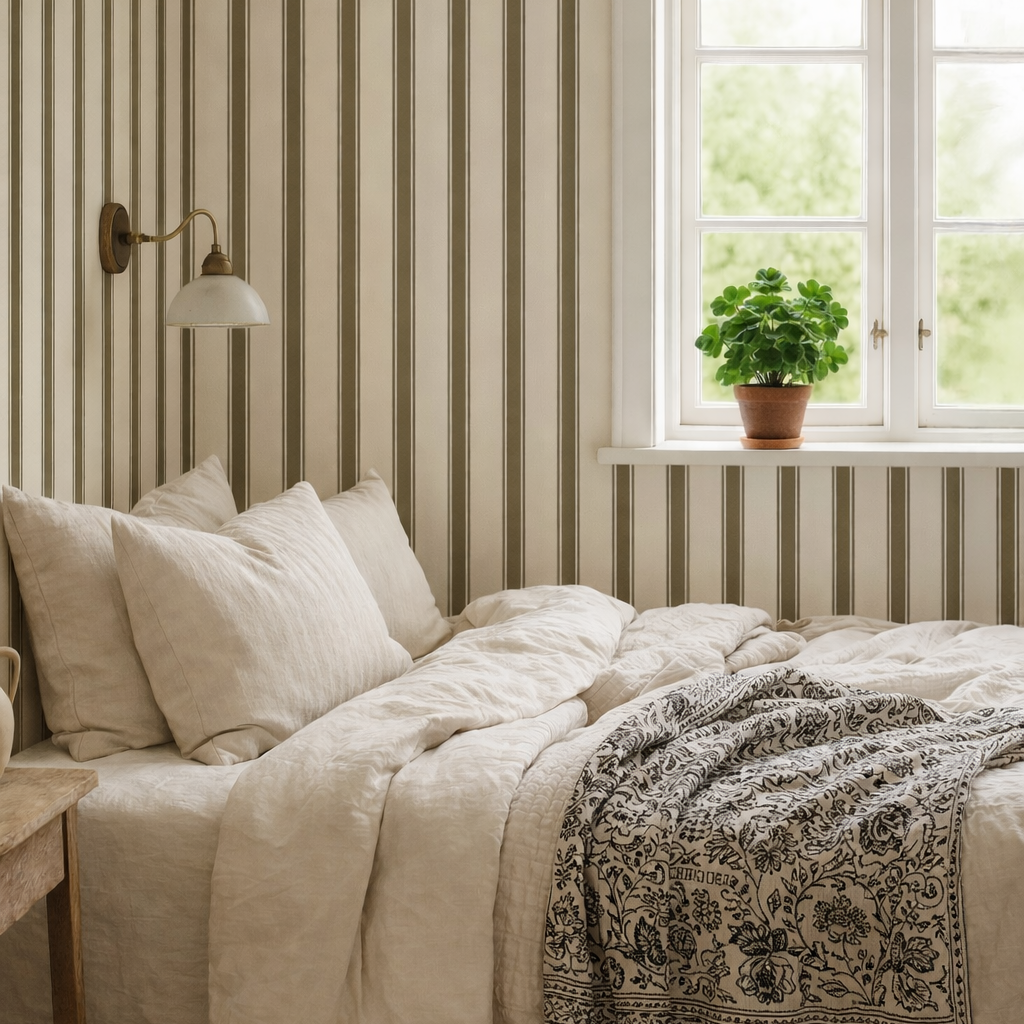 North and Finch Walter Stripe wallpaper featuring bold white and navy blue horizontal stripes on textured surface.