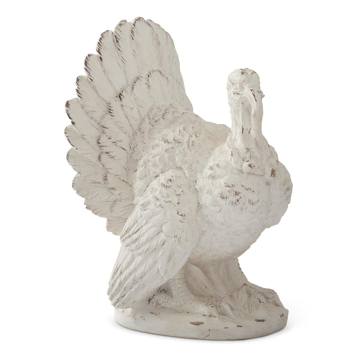Whitewashed resin turkey figurine, 10-inch Thanksgiving fall decor, perfect for holiday table or mantel display.