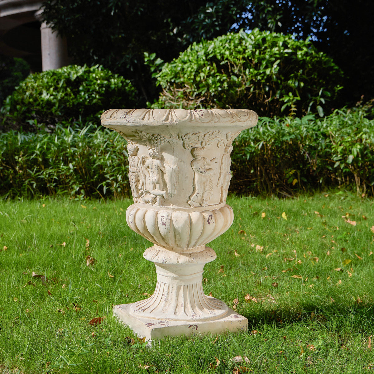 Antique white 27-inch garden urn planter with drainage hole, decorative outdoor planter by HouseOfZazla.