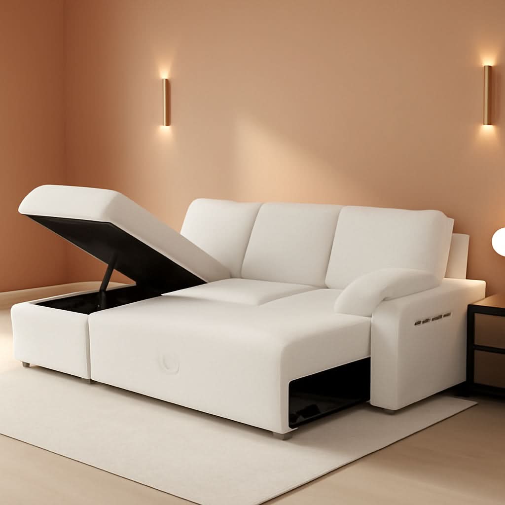 Sleeper Sofa Bed With Storage Chaise In White Boucle-0