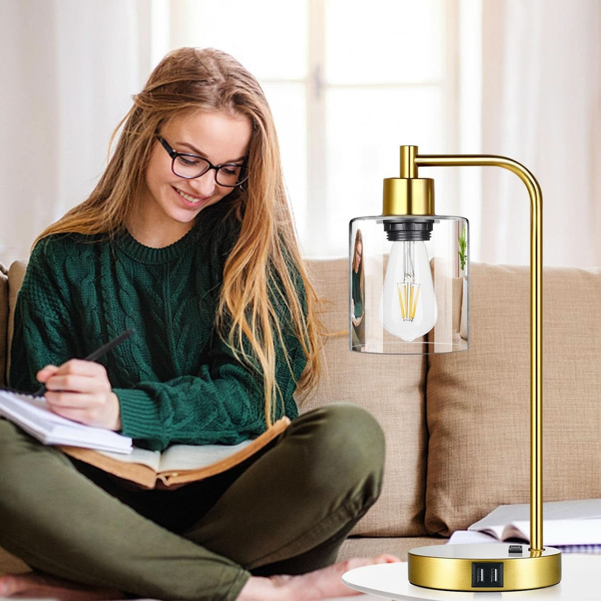 Gold Industrial Touch Table Lamps 2 Pack With USB Ports-4