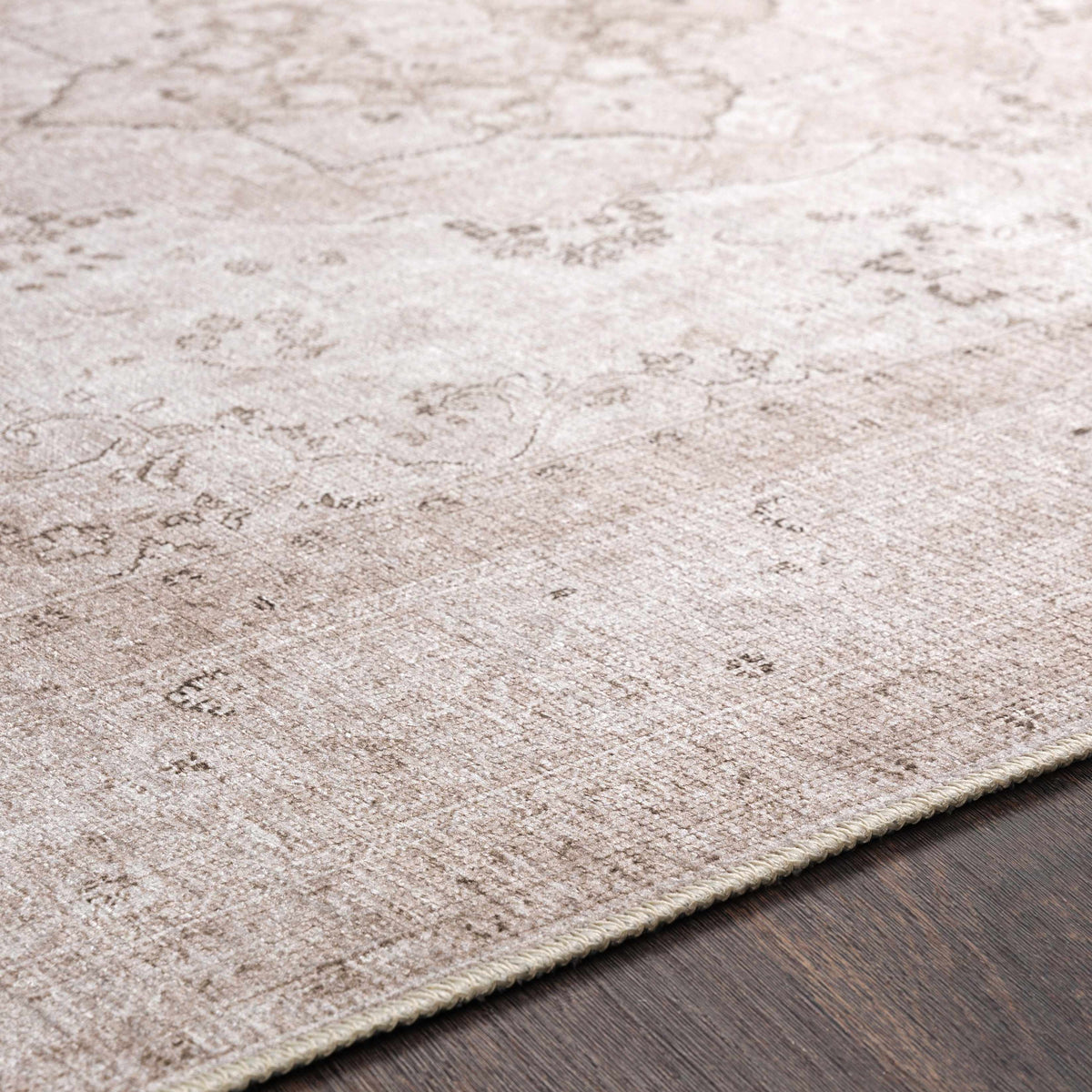 Close-up of the Bethany Vintage Flat Pile Washable Rug from Boutique Rugs, showcasing its textured, vintage-inspired flat weave design.