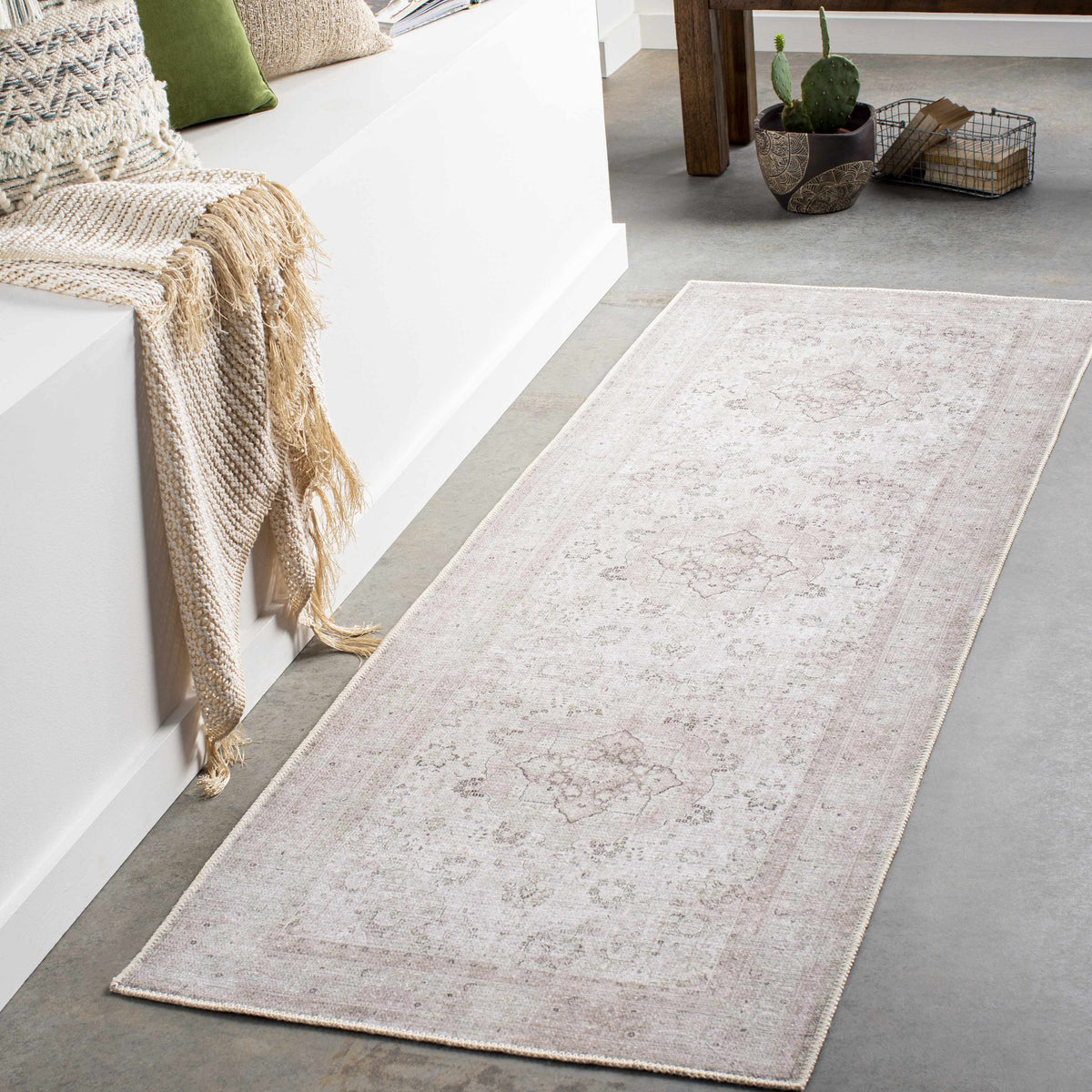 Vintage flat pile washable rug by Boutique Rugs, shown in a cozy room setting with neutral tones and textured design.