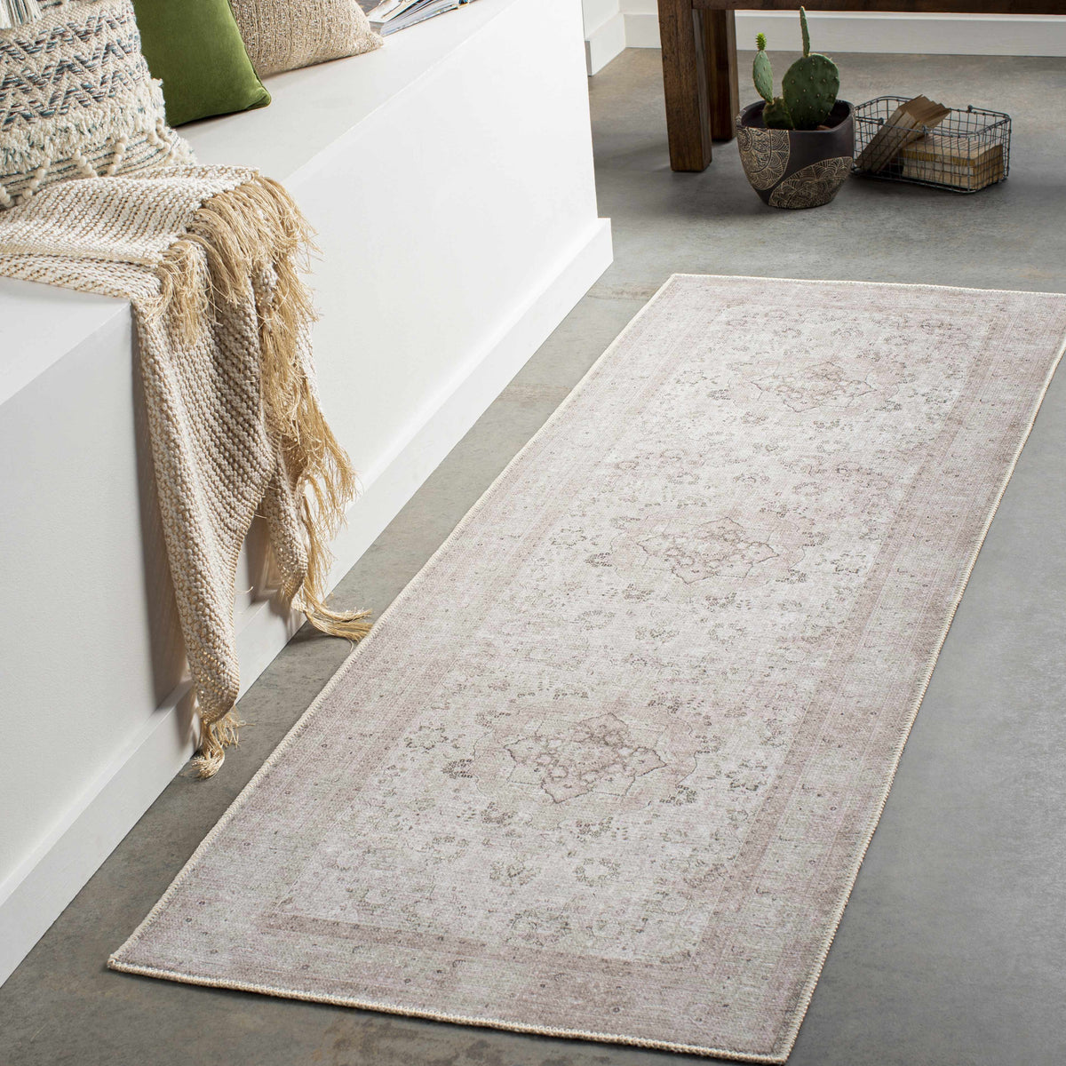 Vintage flat pile washable rug by Boutique Rugs in a cozy room setting with neutral tones and textured design.