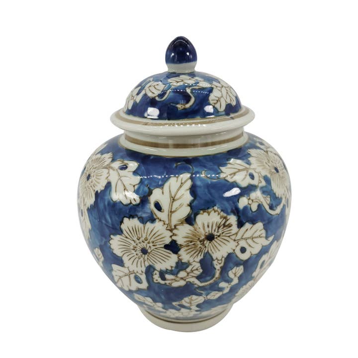 Blue and white Chinoiserie floral vase, 10.5-inch decorative ceramic jar with intricate floral patterns.