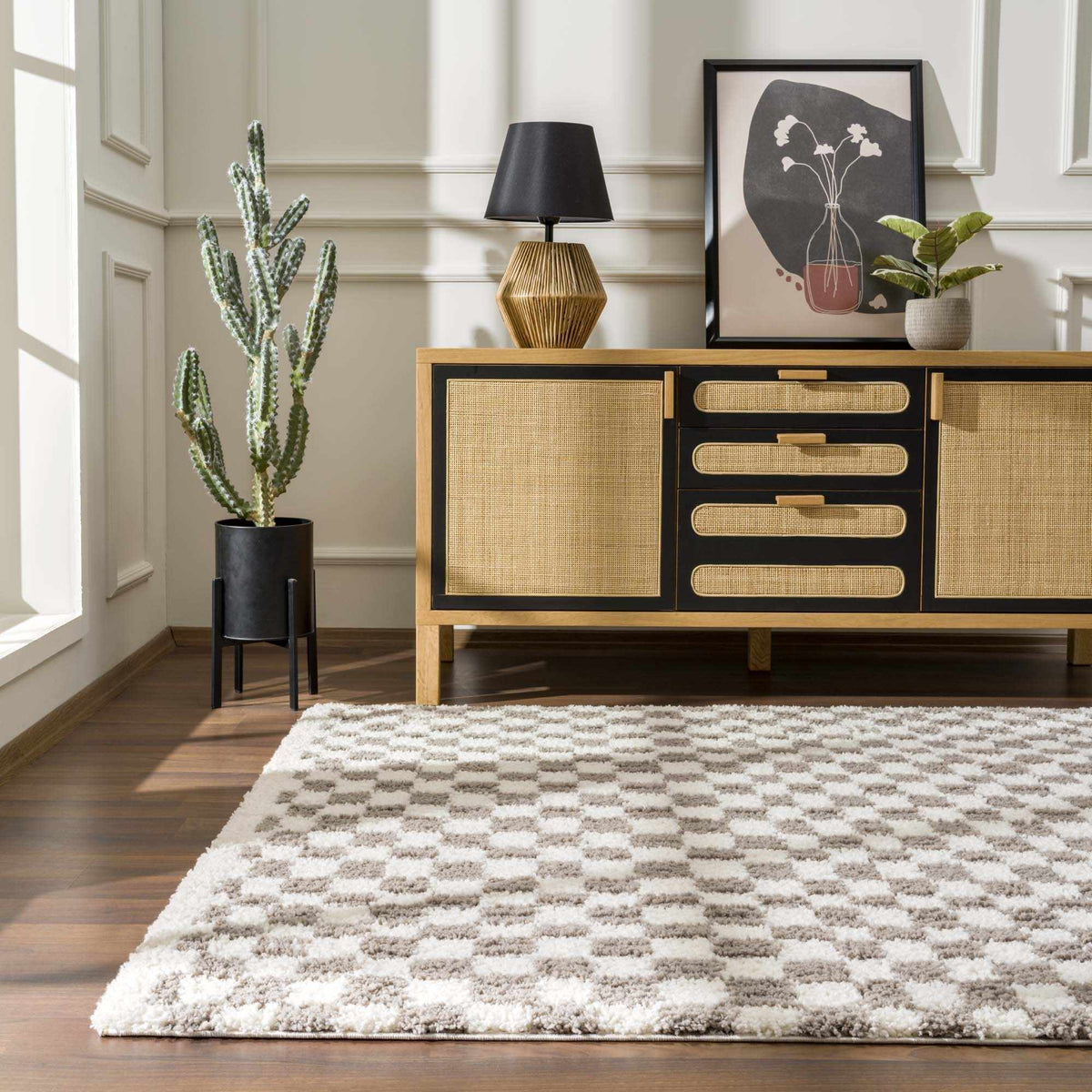Taupe checkered plush rug by Boutique Rugs, showcased in a cozy room setting with soft textures and stylish design.