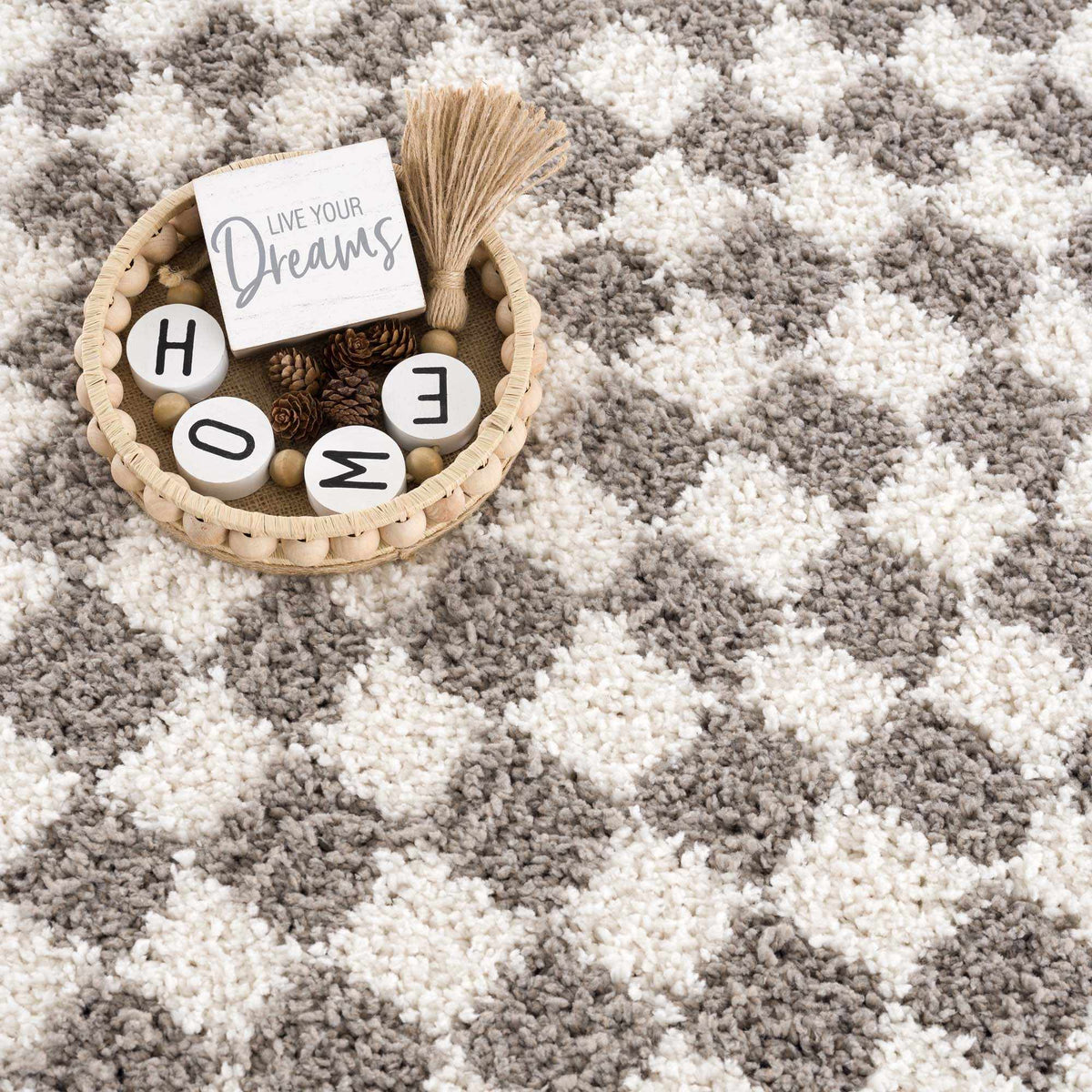 Taupe checkered plush rug from Boutique Rugs, featuring a soft, cozy textured pattern suitable for living rooms or bedrooms.