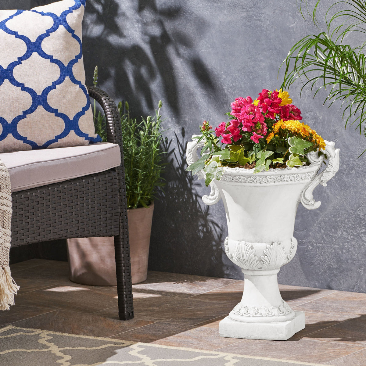 Roman style MGO garden urn planter in antique white with drainage hole, perfect for outdoor plants and decorative garden displays.