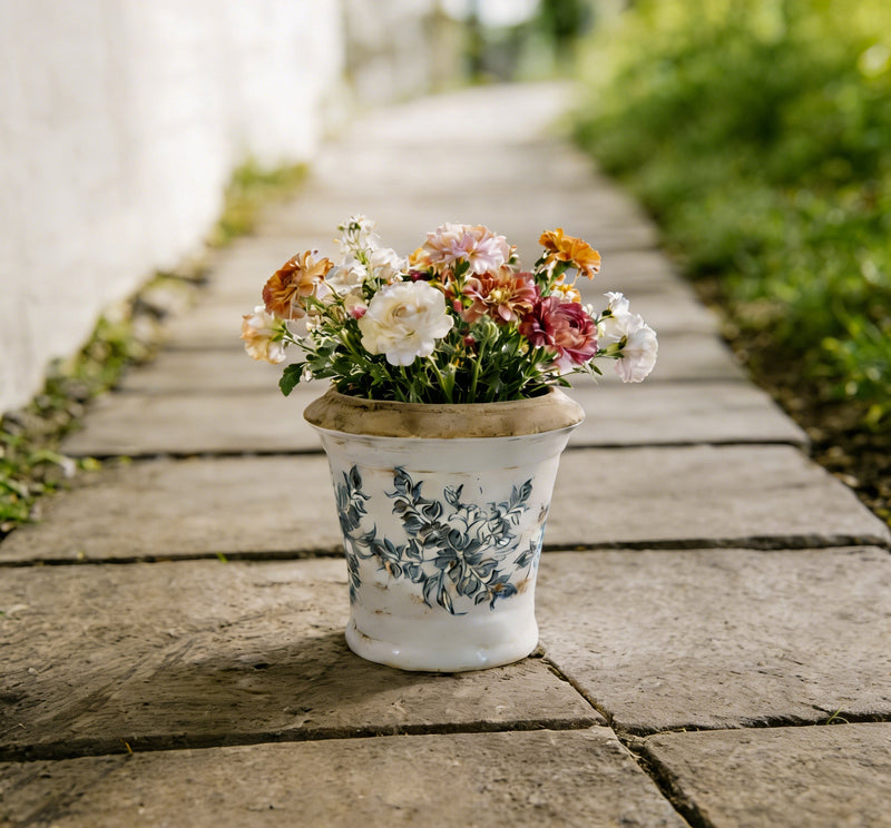 Set of two ceramic planters with floral black and white pattern, 7.1 inches tall, from HouseOfZazla, ideal for indoor plants.