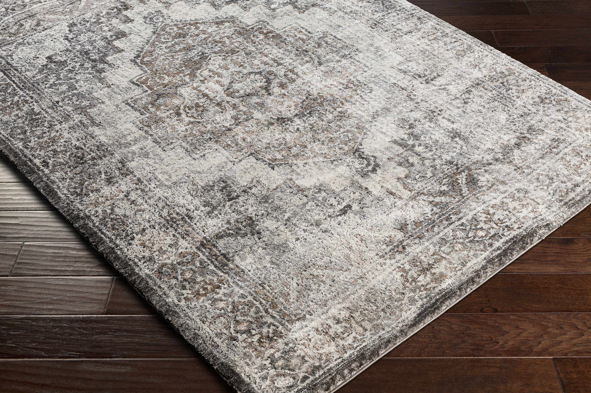 Corner view of the Manaring Charcoal Luxe Thick Area Rug by Boutique Rugs, showcasing its plush, textured charcoal design.