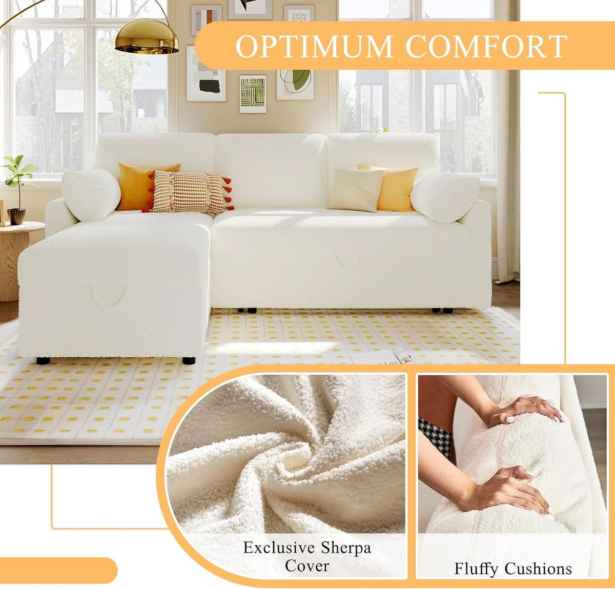 Sleeper Sofa Bed With Storage Chaise In White Boucle-4