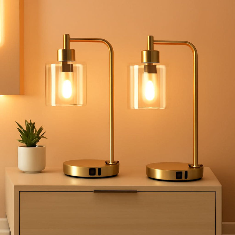 Gold Industrial Touch Table Lamps 2 Pack With USB Ports-0