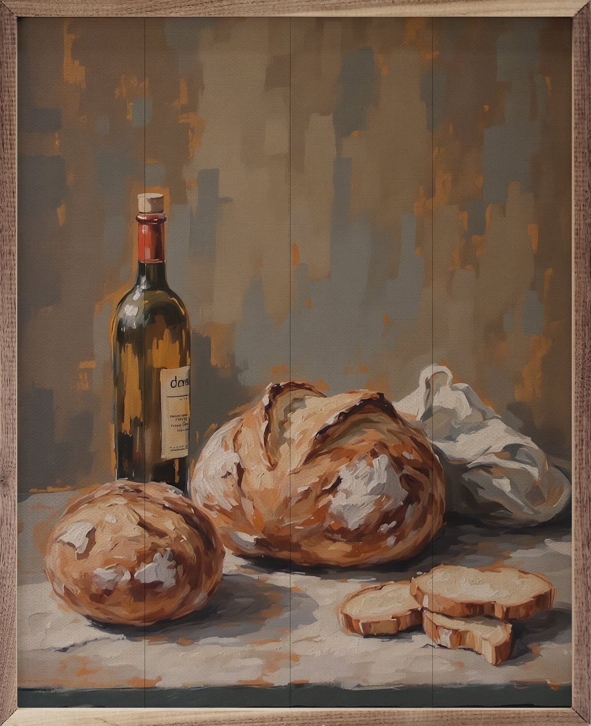 Walnut frames holding fresh sourdough bread on a kitchen counter, featuring Kendrick Home's stylish bread display setup.