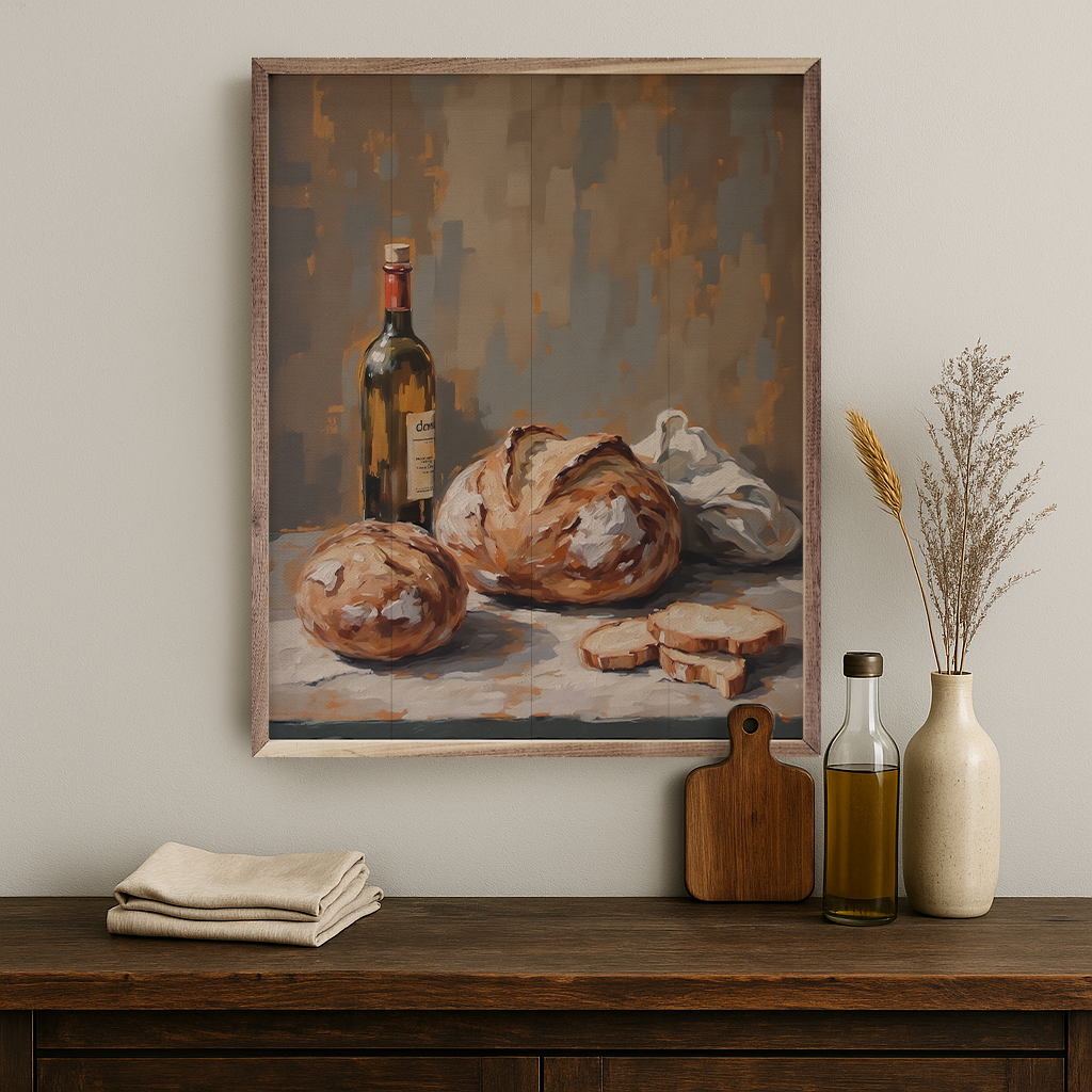 Walnut frame surrounding a loaf of sourdough bread on a kitchen counter, showcasing Kendrick Home’s sourdough on the counter with walnut frames.