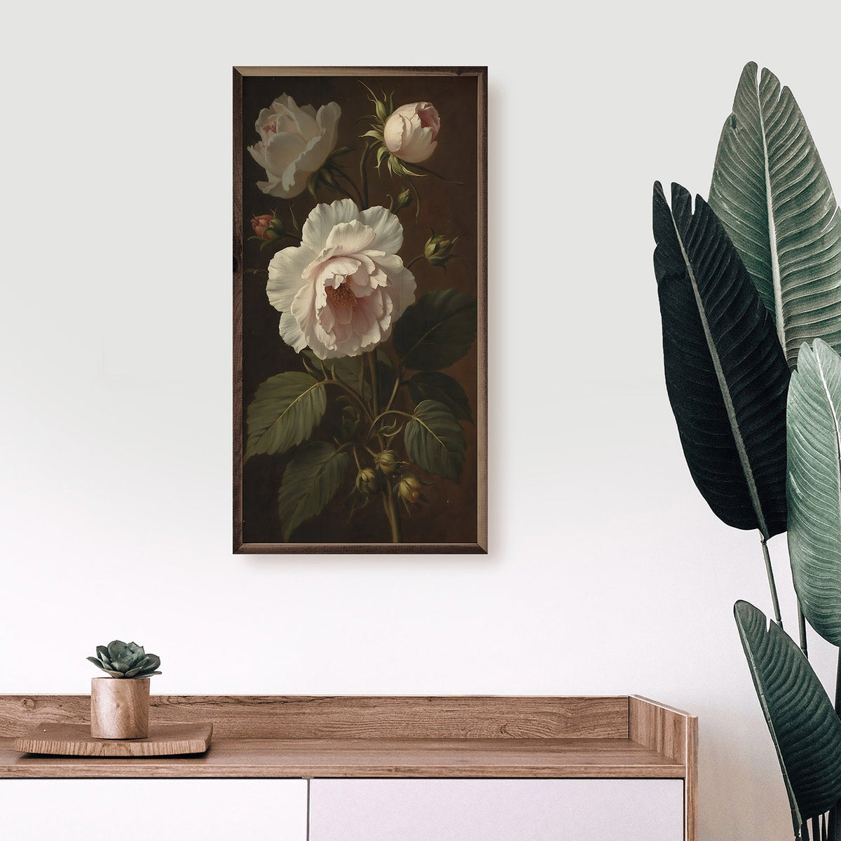 Vintage ivory peonies floral artwork framed in Kendrick Home walnut frame, showcasing elegant botanical design.