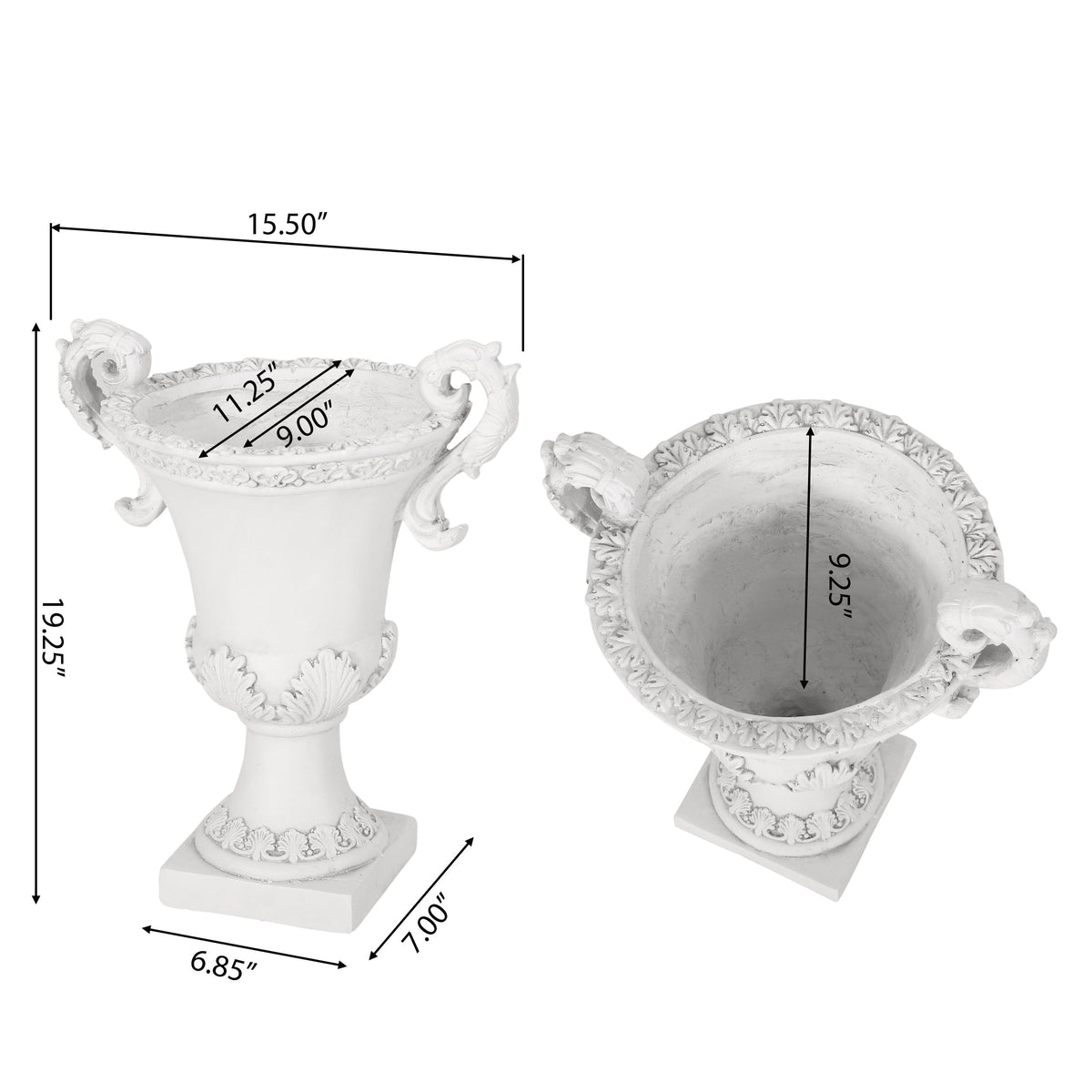 Roman style MGO garden urn planter in antique white with drainage hole, suitable for outdoor floral displays or decorative gardening.