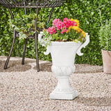 Roman style MGO garden urn planter with drainage hole in antique white finish, ideal for outdoor floral displays.