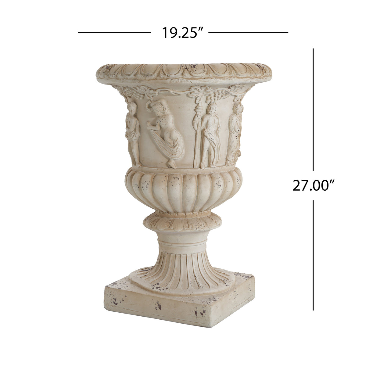 Antique white garden urn planter with drainage hole, 27 inches tall, suitable for outdoor flowers or decorative plants.