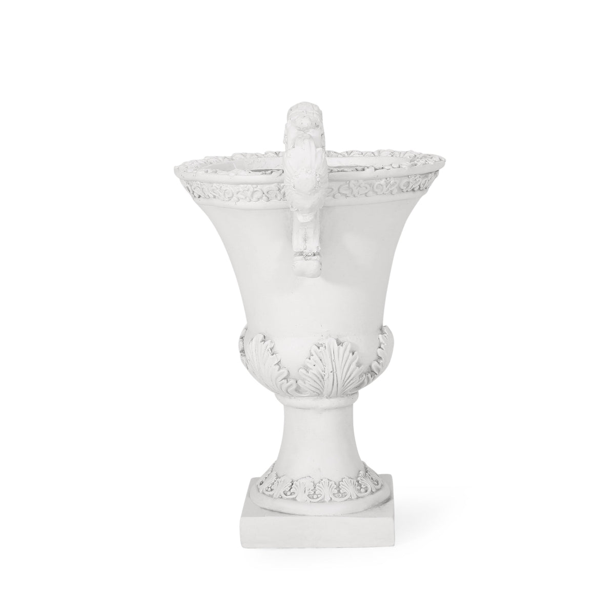 Roman style MGO garden urn planter with drainage hole in antique white, featuring classic design and sturdy construction.