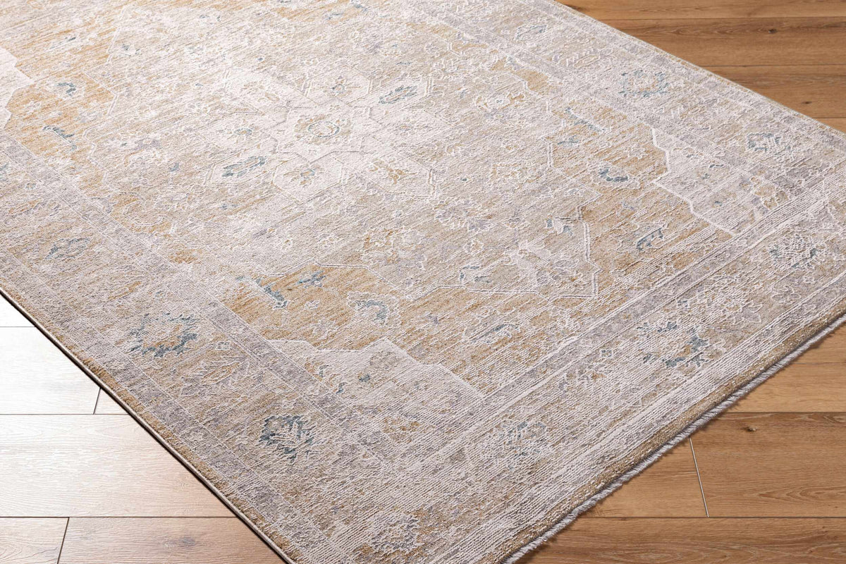 Corner view of the Rhody Luxe Rug by Boutique Rugs showing its textured, plush design in neutral tones.