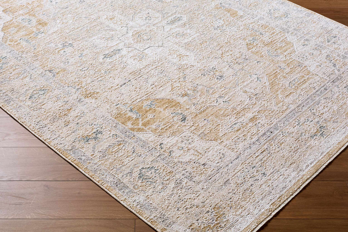 Corner view of the Rhody Luxe Rug by Boutique Rugs, showing its plush texture and intricate pattern on a neutral background.