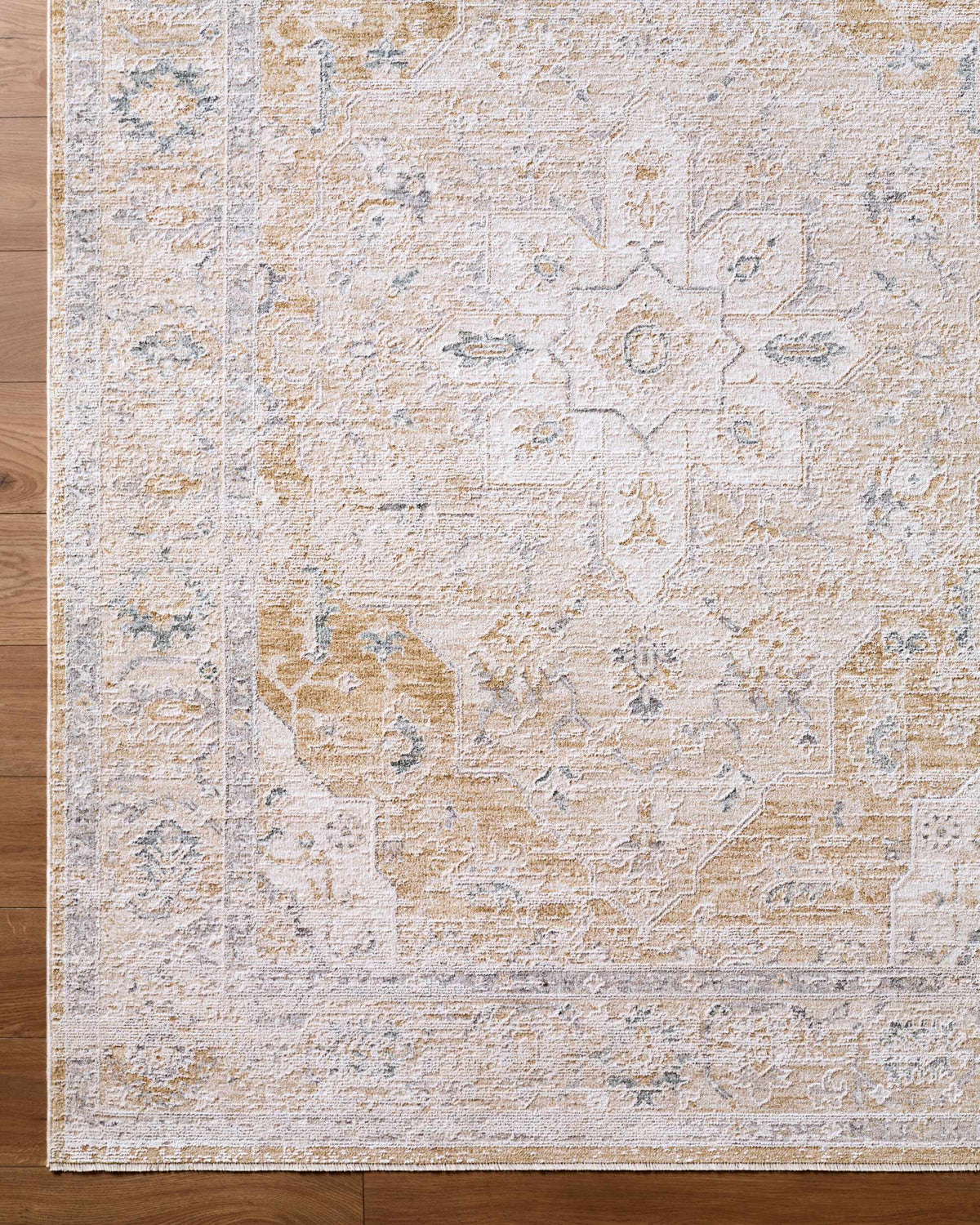 Overhead view of the Rhody Luxe Rug by Boutique Rugs, showcasing its intricate pattern and plush texture in neutral tones.