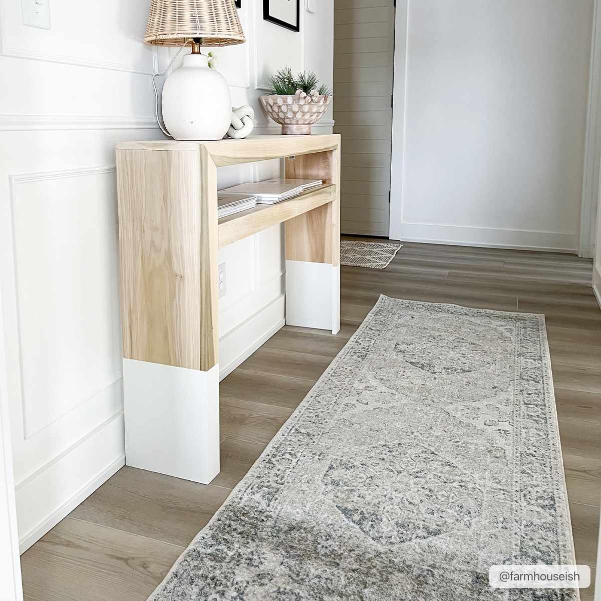 Blue farmhouse-style washable rug by Boutique Rugs, featuring a cozy, patterned area runner for home decor.