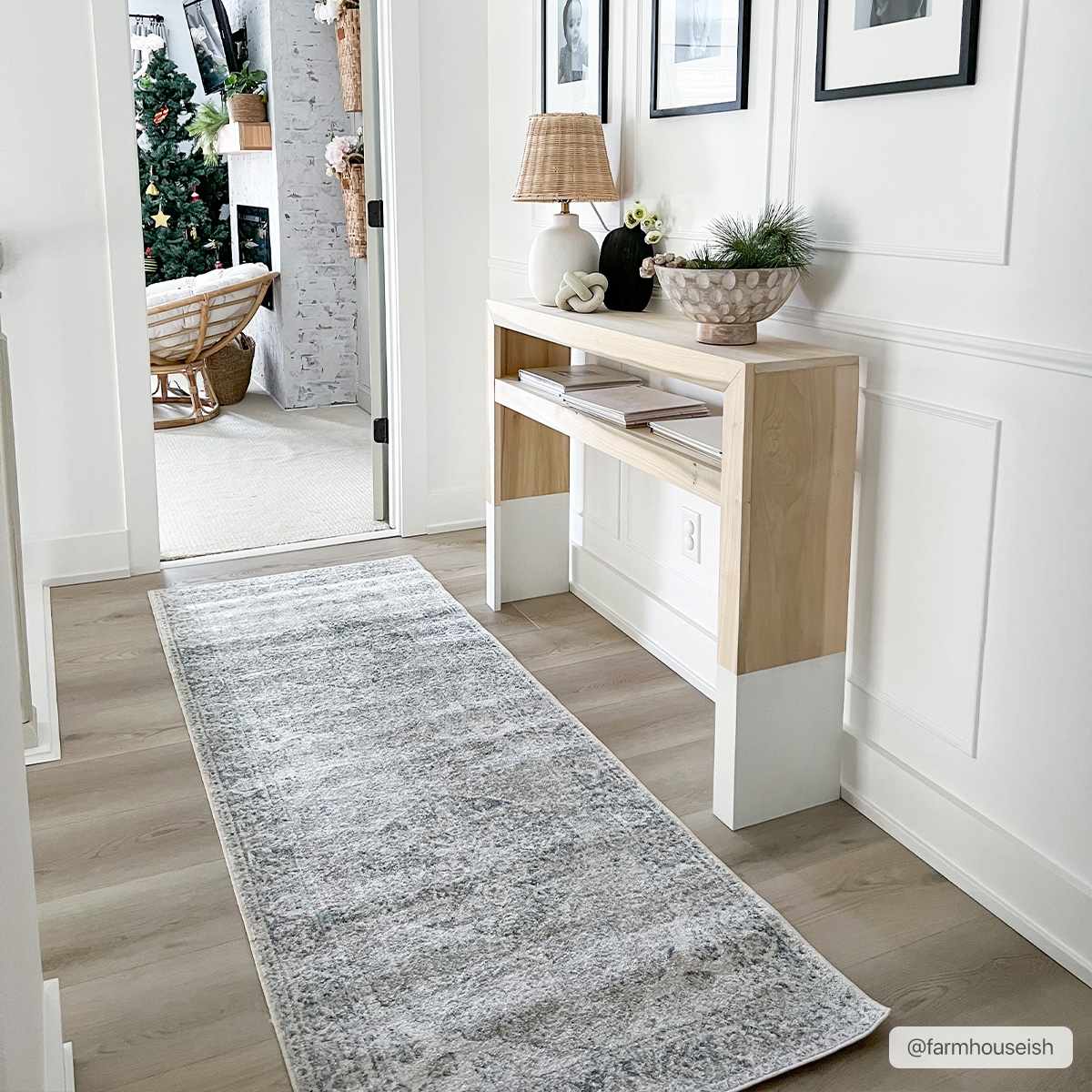 Blue farmhouse-style washable rug by Boutique Rugs, featuring a cozy, rustic design perfect for living spaces.