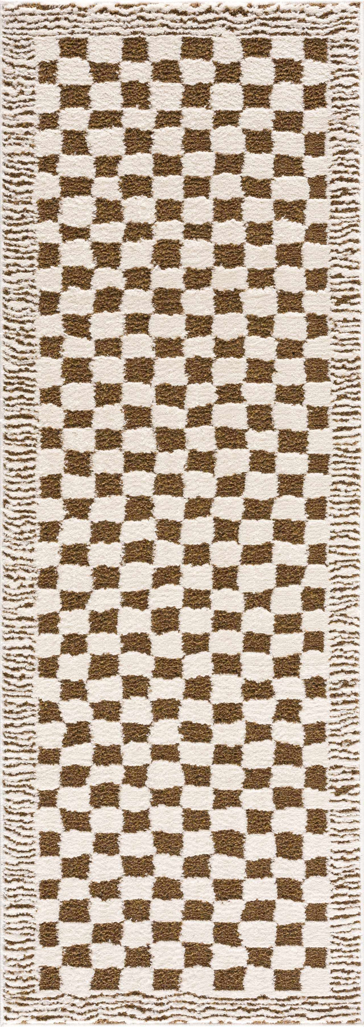 Leryn Brown checkered plush rug by Boutique Rugs, featuring a soft, cozy fabric with a brown and beige checkered pattern.