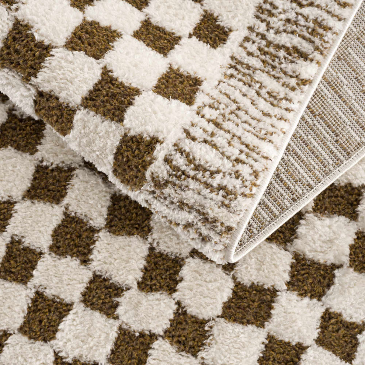 Leryn Brown checkered plush rug from Boutique Rugs, showcasing soft, textured fabric with a brown and beige checkered pattern.