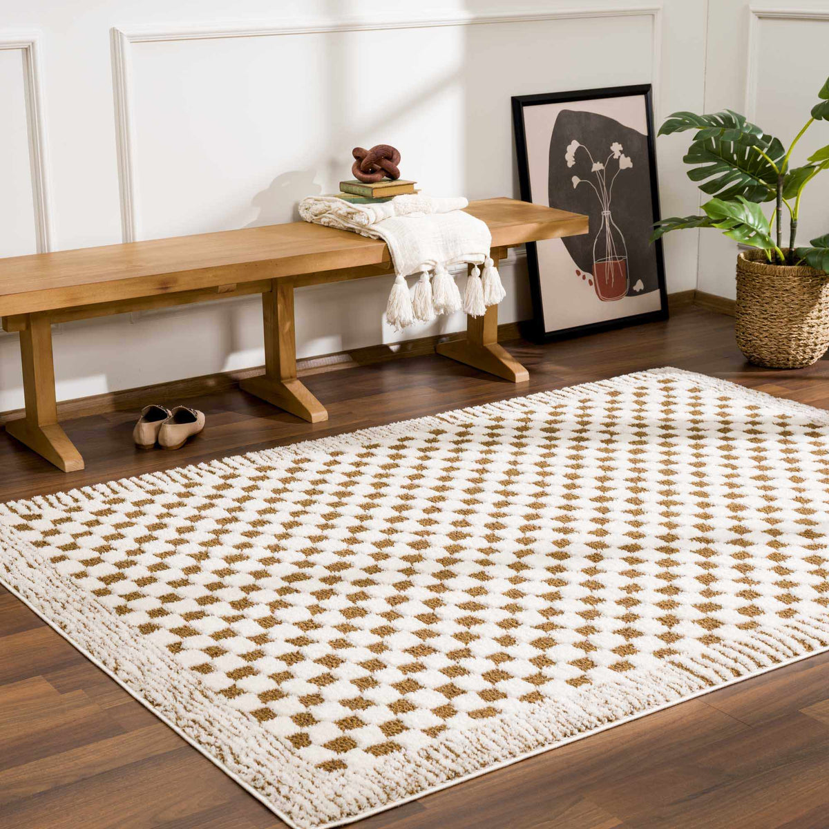 Leryn Brown checkered plush rug from Boutique Rugs, soft and cozy with a brown and beige pattern, shown in a stylish living room setting.