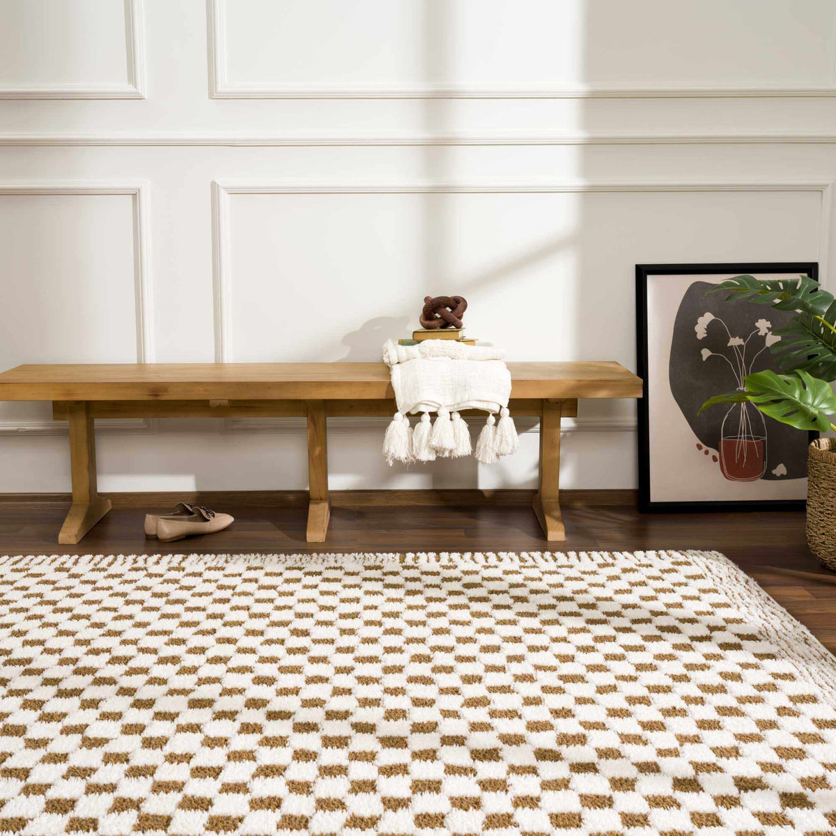 Leryn Brown checkered plush rug from Boutique Rugs, displayed in a cozy living room setting with soft texture and warm tones.