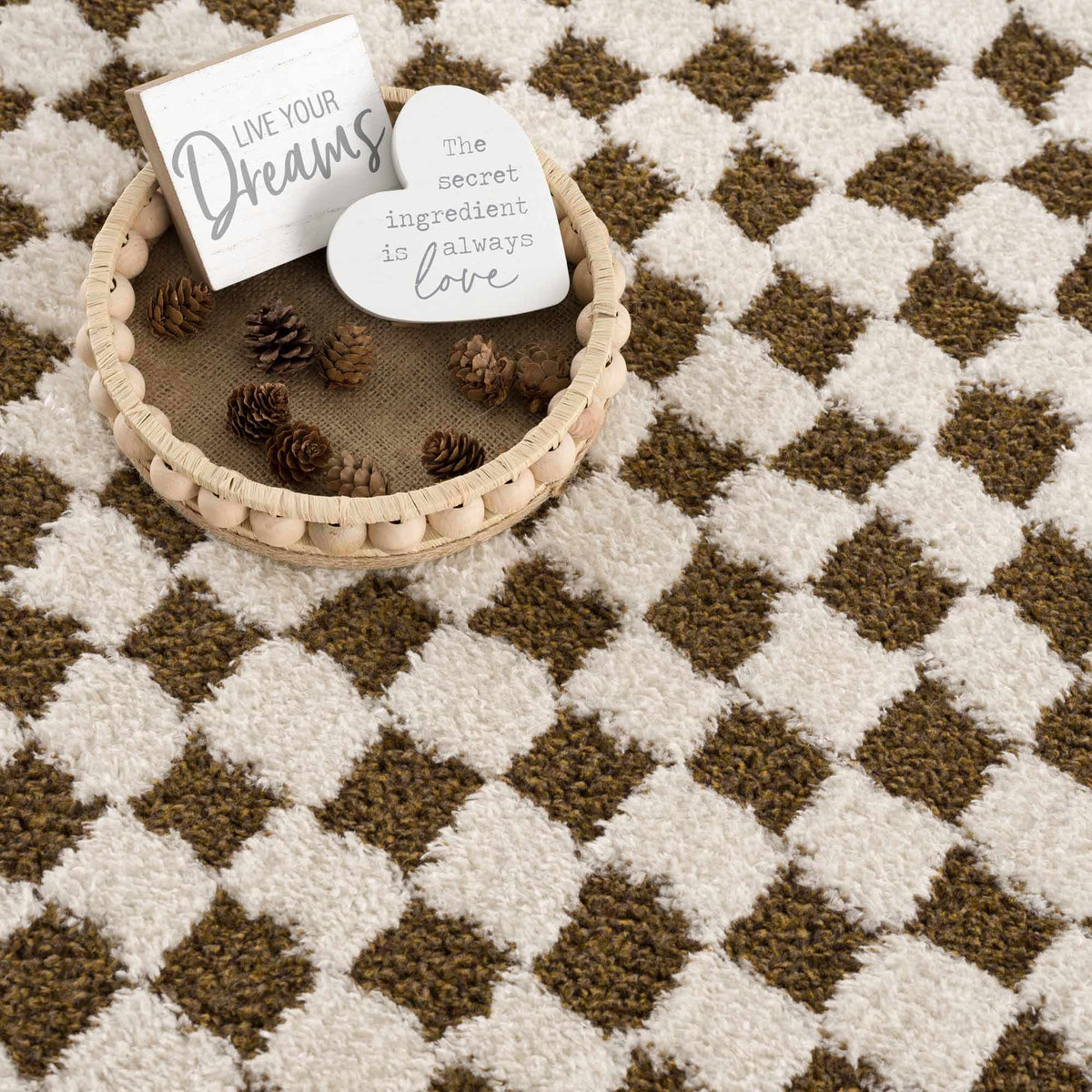 Leryn Brown checkered plush rug from Boutique Rugs, featuring a soft, cozy textured pattern in warm brown tones.