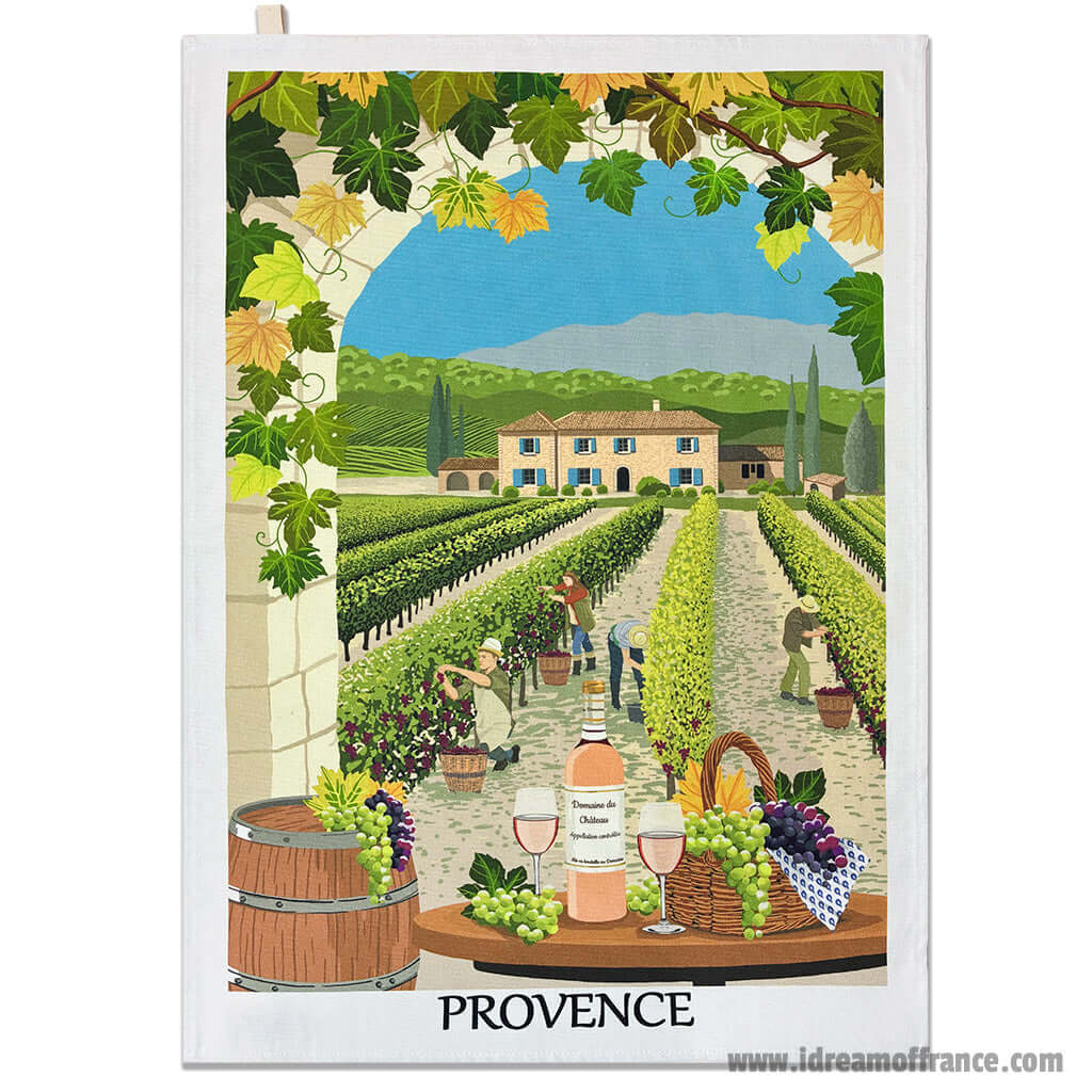 French Provence Winery cotton kitchen towel by I Dream of France with printed vineyard design on white fabric.
