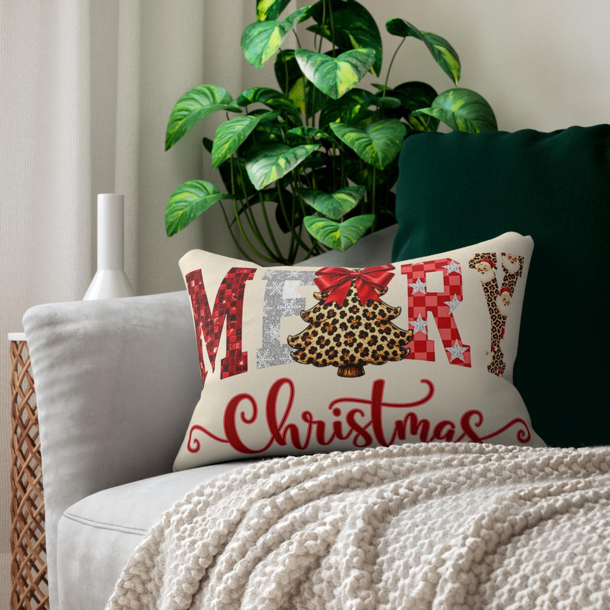 Leopard print Merry Christmas lumbar pillow by BlackbirdOak featuring festive holiday design on soft fabric.