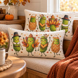 Thanksgiving Pickle Friends lumbar pillow featuring Pilgrim, turkey, and pumpkin designs by BlackbirdOak for festive decor.