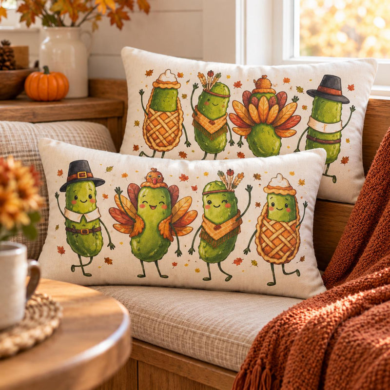 Thanksgiving Pickle Friends lumbar pillow featuring Pilgrim, turkey, and pumpkin designs by BlackbirdOak for festive decor.