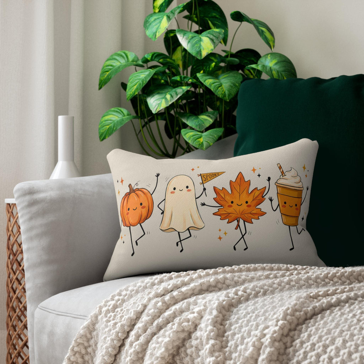 BlackbirdOak Autumn Friends lumbar pillow featuring pumpkin, ghost, and maple leaf fall-themed fabric for cozy seasonal decor.