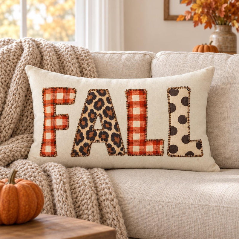 Rustic plaid and leopard accent lumbar pillow by BlackbirdOak, featuring cozy fall-themed decorative cushion with stylish patterns.