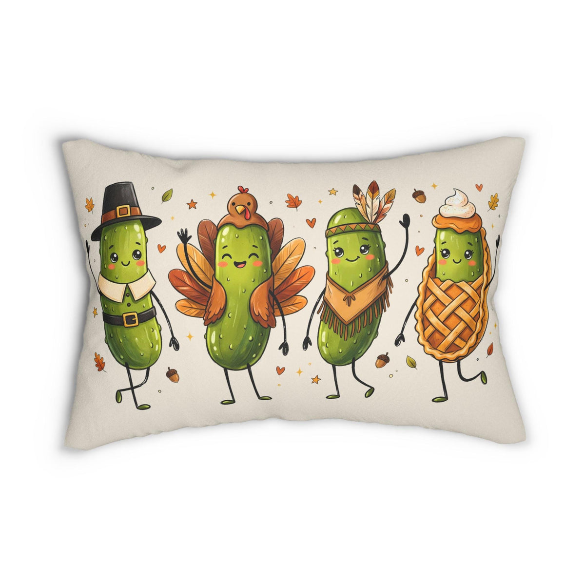 Thanksgiving Pickle Friends lumbar pillow featuring Pilgrim, turkey, and pumpkin designs by BlackbirdOak, perfect for festive decor.
