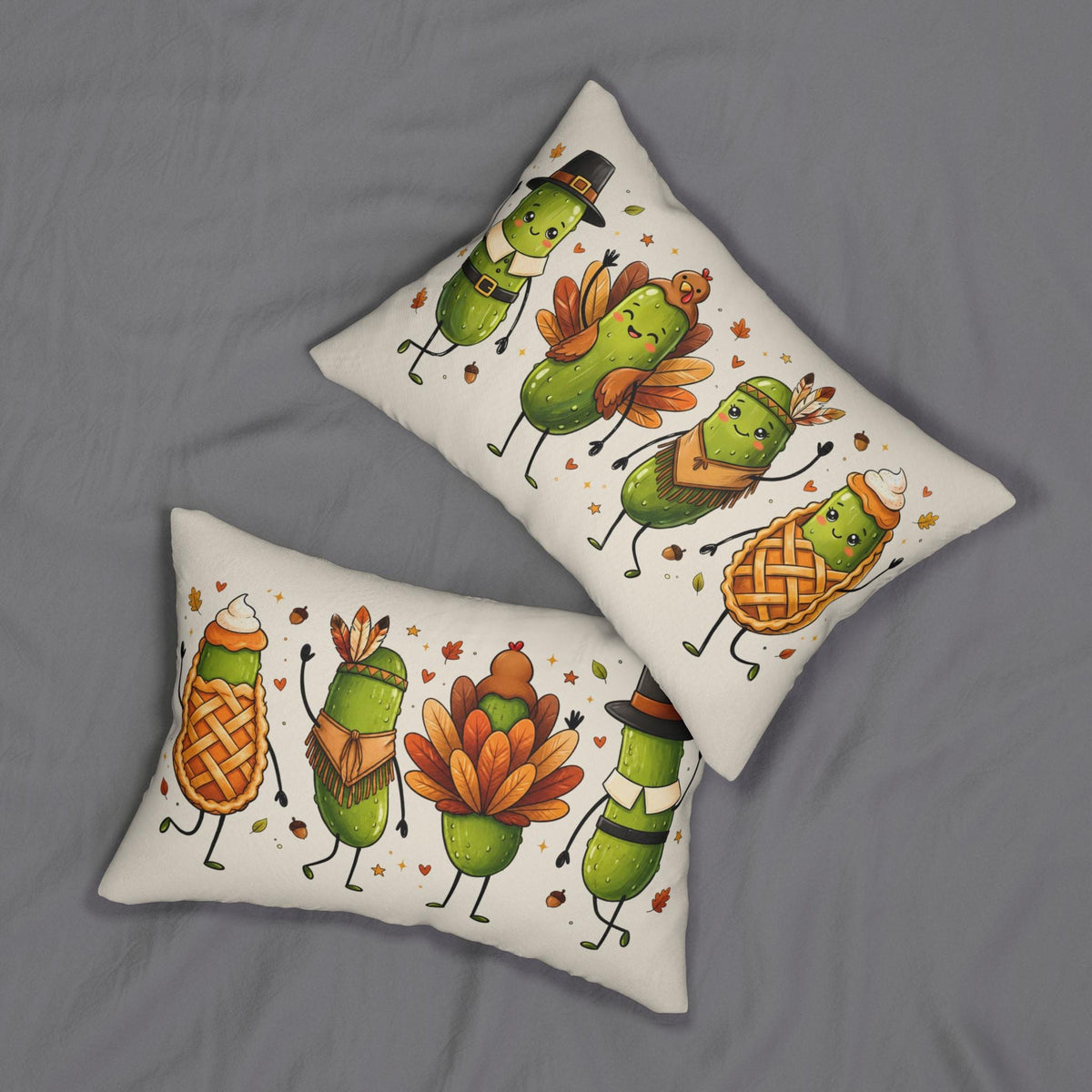 Thanksgiving Pickle Friends lumbar pillow featuring Pilgrim, turkey, and pumpkin designs by BlackbirdOak for festive decor.