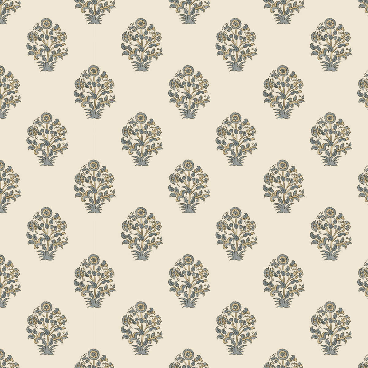 North and Finch Afton Block Print wallpaper featuring a vibrant, geometric pattern in blue, green, and white tones.